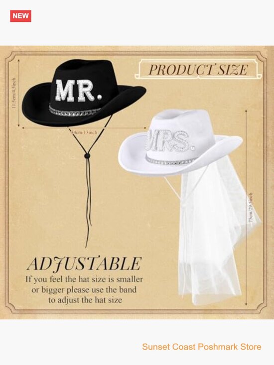 2 Pcs Bride & Groom Cowgirl Cowboy Hat Set with Veil Feathers main image 4